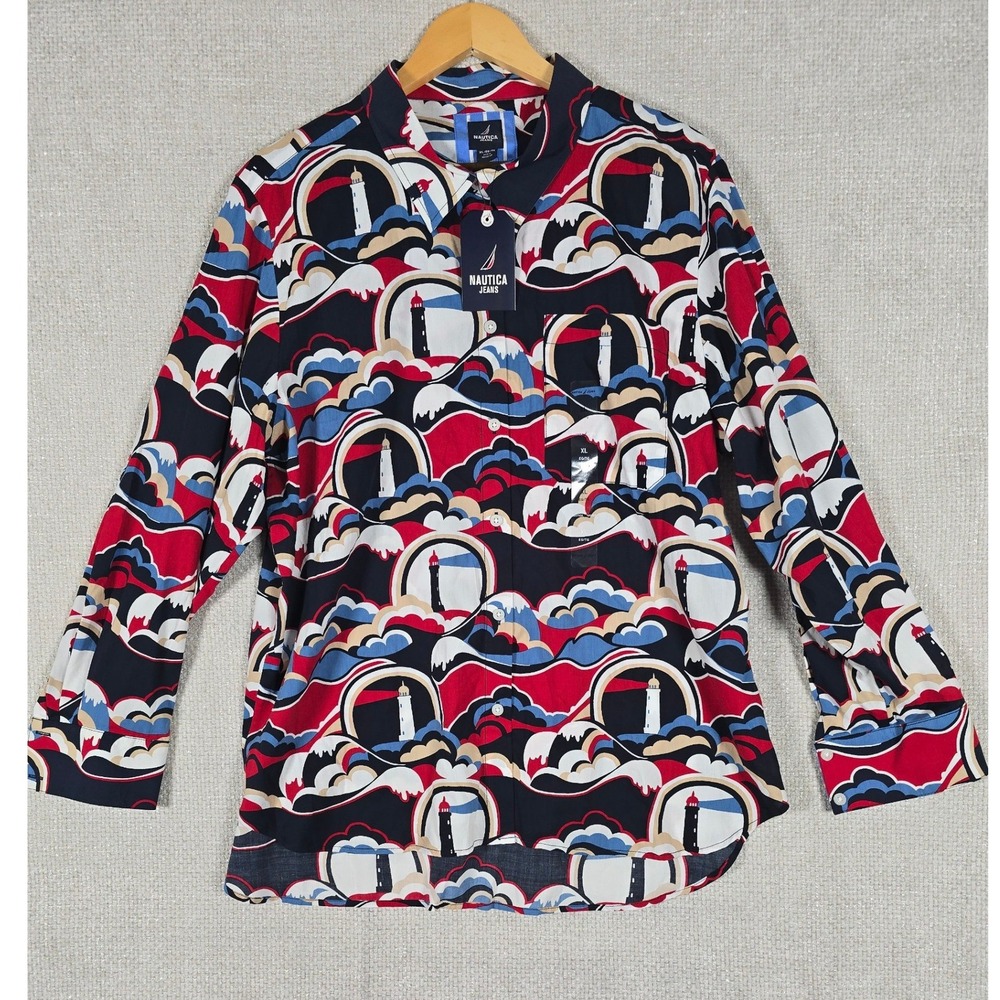 NWT‎ Nautica Jeans Womens Lighthouse Waves Print Button Down Shirt XL